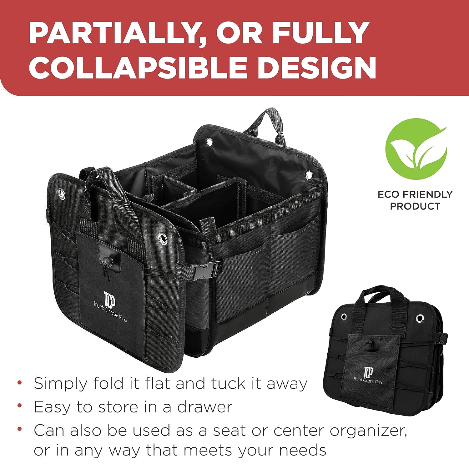 "Premium Car Trunk Organizer - Stylish and Resilient Construction, Customizable Compartments, Ideal Present for Auto Enthusiasts, Portable and Collapsible, Optimal for SUVs and Cars (Large, Black)"